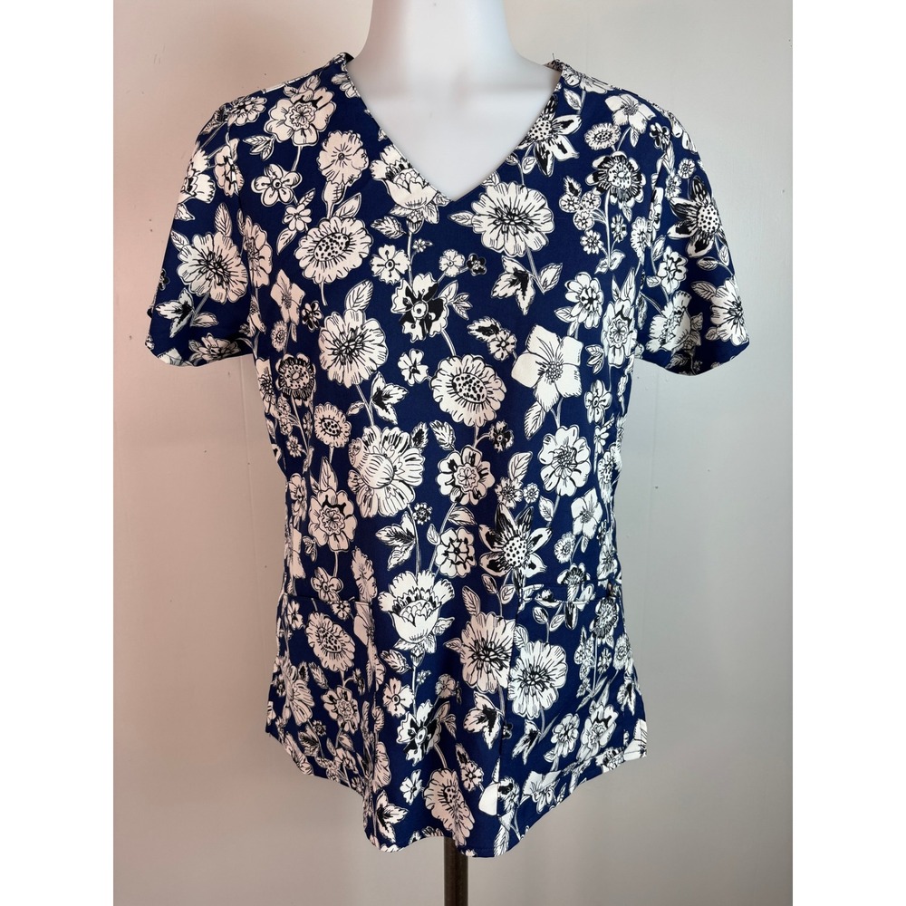 Vera Bradley Scrub Top Small Navy Blue Floral V-Neck Short Sleeve Women